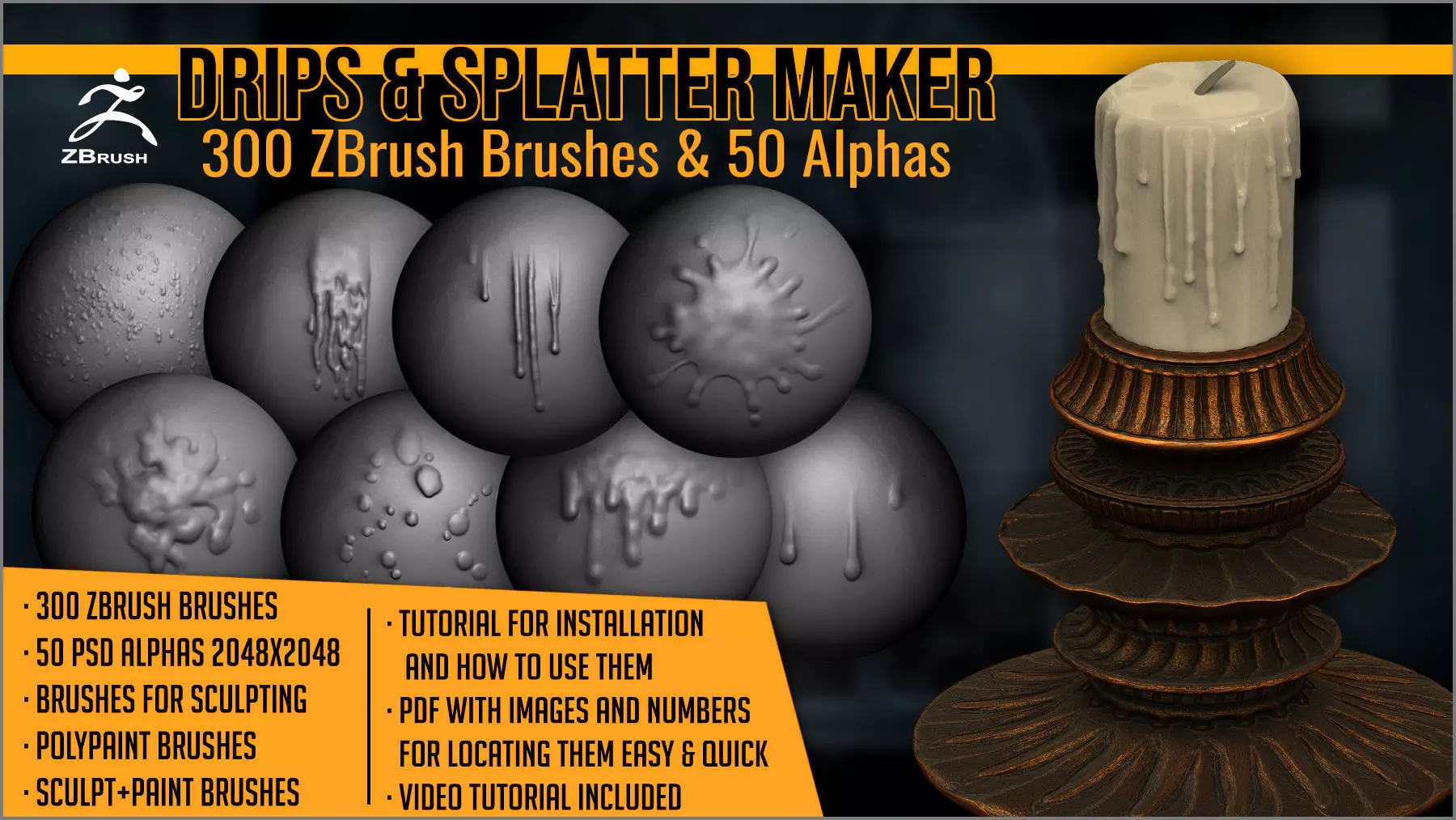 Drips And Splatter Maker 300 ZBrush Brushes 3D model_0