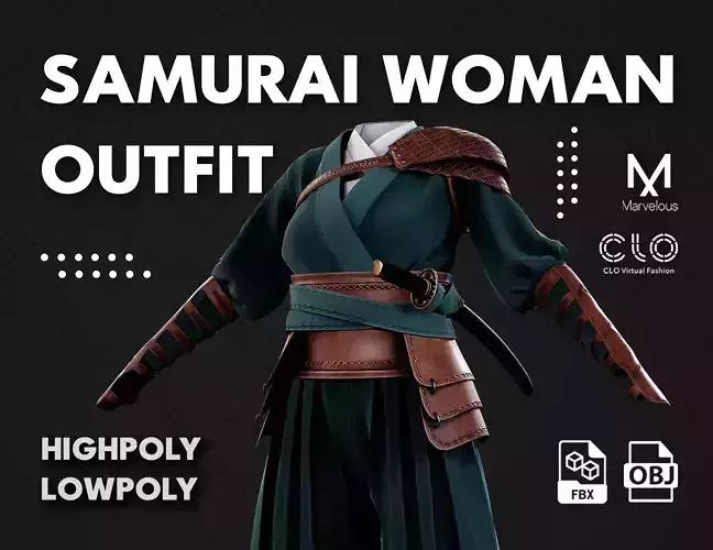 Low Poly Samurai Women Outfit Low-poly 3D model