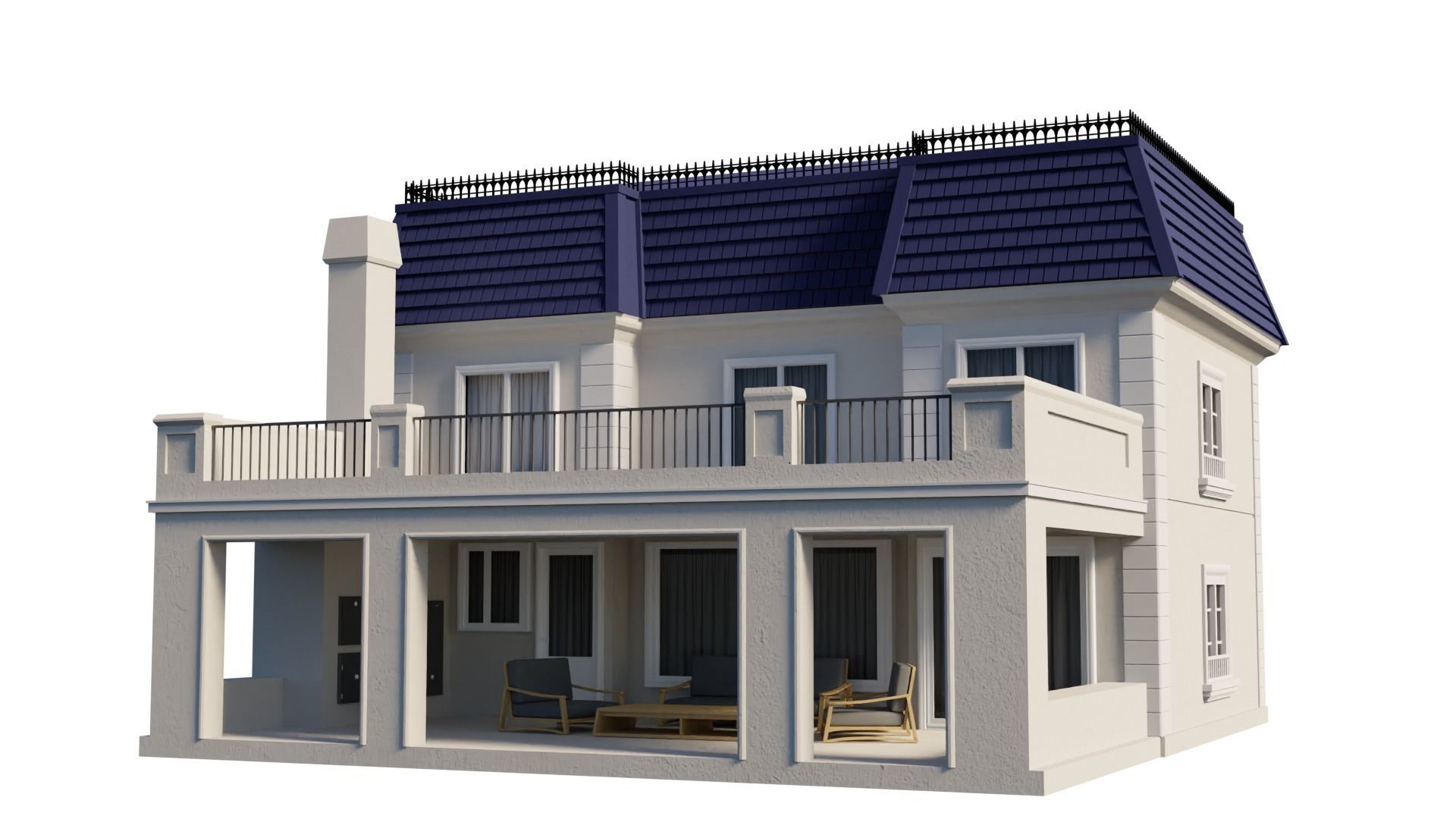 Mansion house with roof 3D model_1