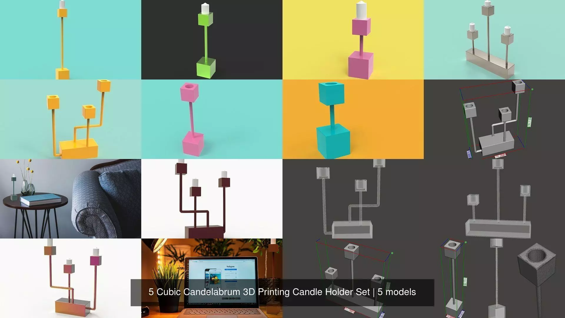 5 Cubic Candelabrum 3D Printing Candle Holder Set 3D Model Collection_1