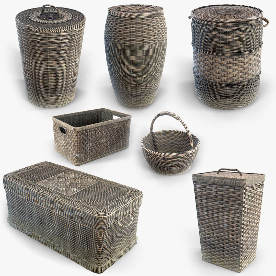 Basket Collection stack of wicker baskets Low-poly 3D model_14