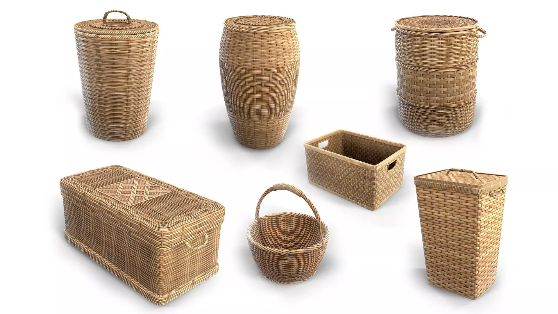 Basket Collection stack of wicker baskets Low-poly 3D model_0