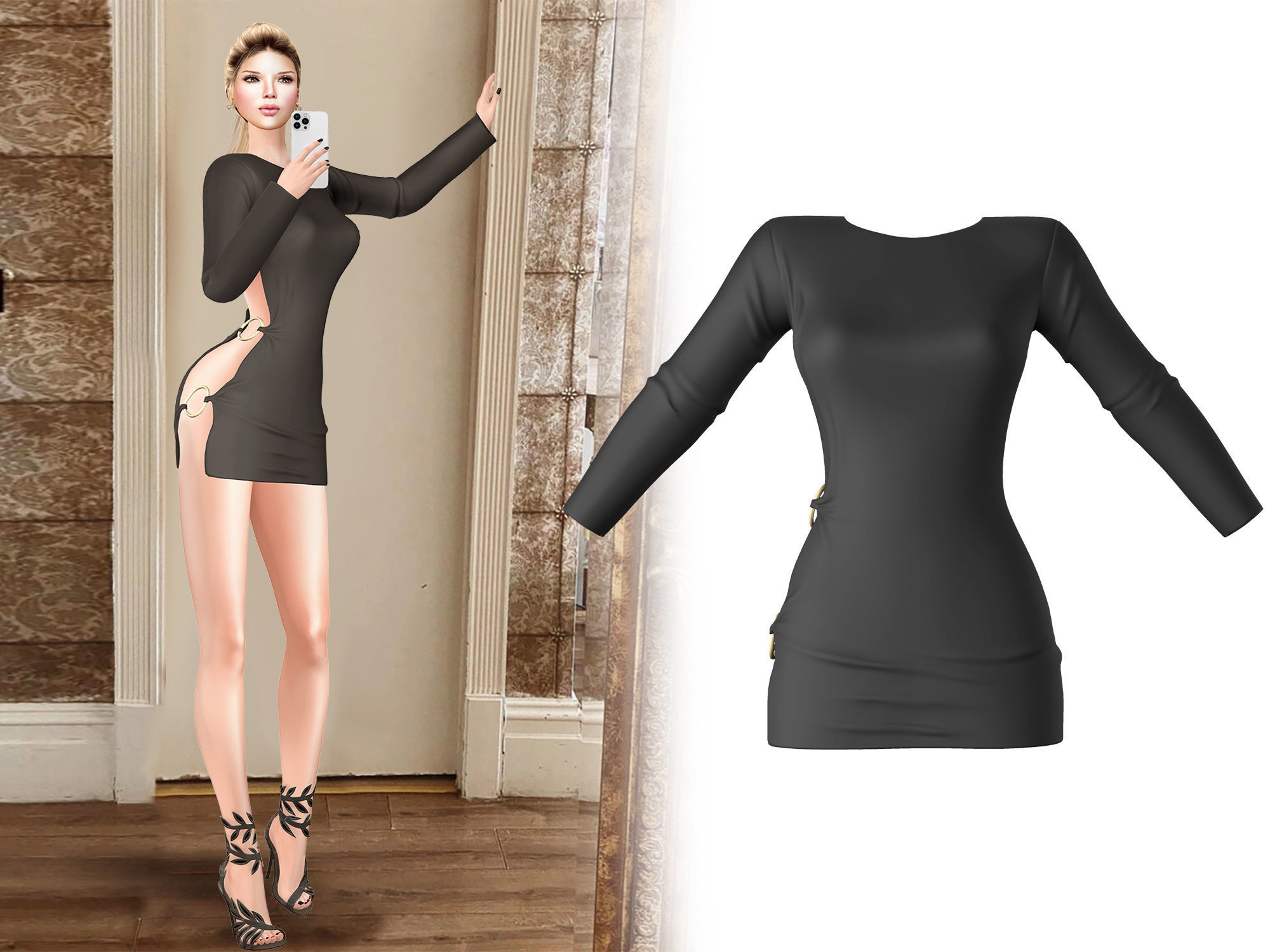 Party Backless Hip Side Slit Cutout Black Dress Low-poly 3D model_2