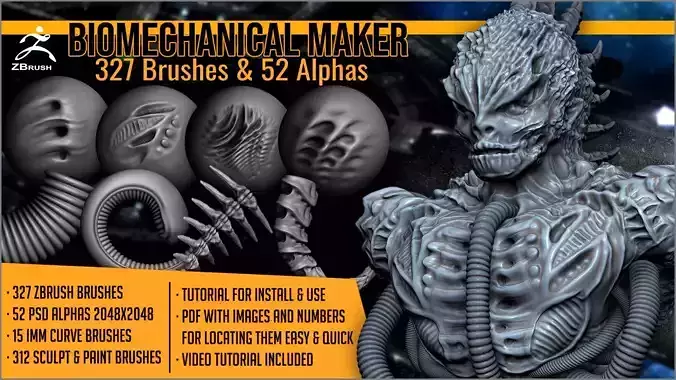 Biomechanical Maker 327 ZBrush Brushes And 52 Alphas 3D model