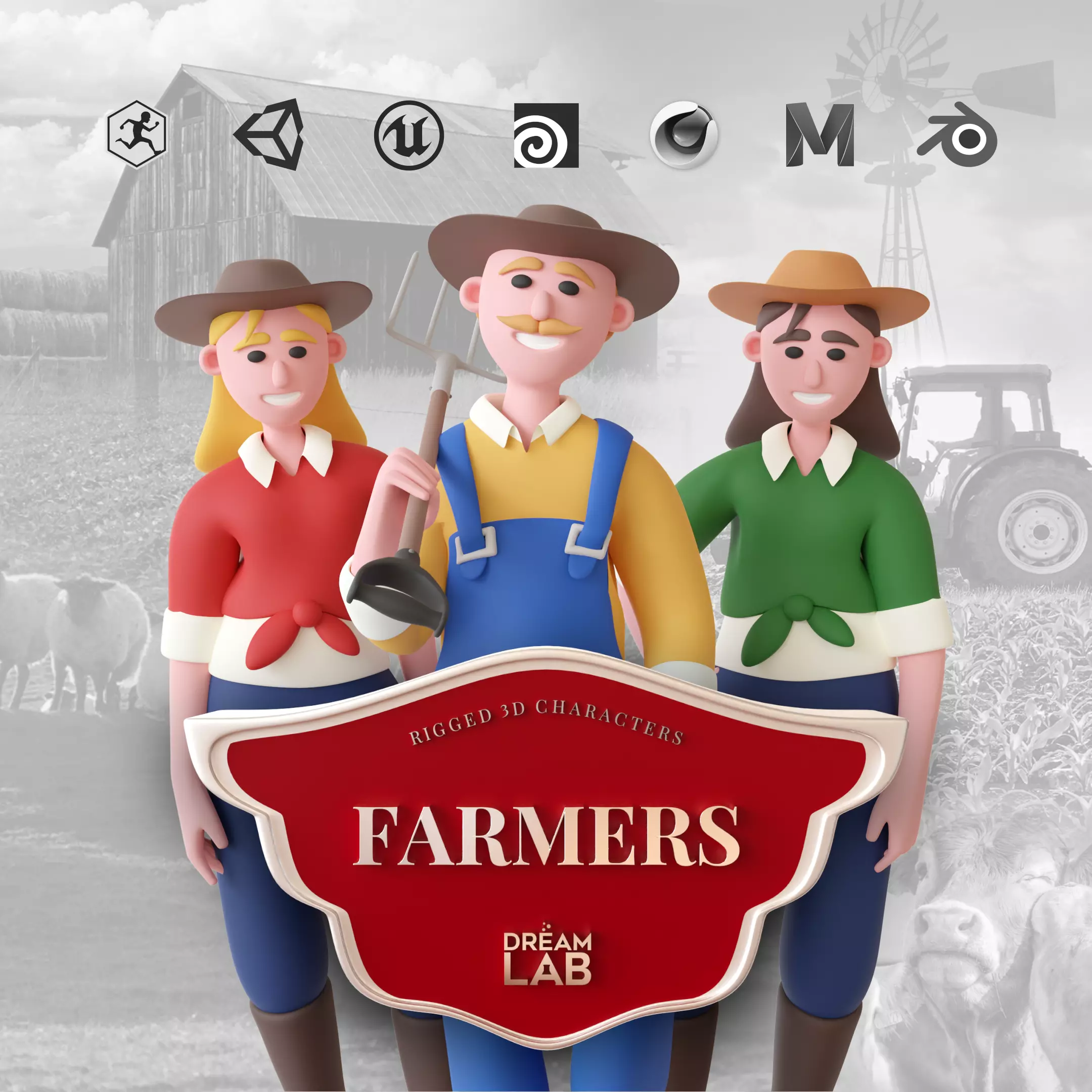 Farmers - Rigged 3D Characters 12 Animations Low-poly 3D model_0
