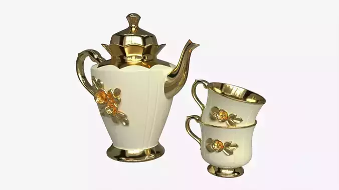 Teapot and Cups Decorated with Golden Flowers