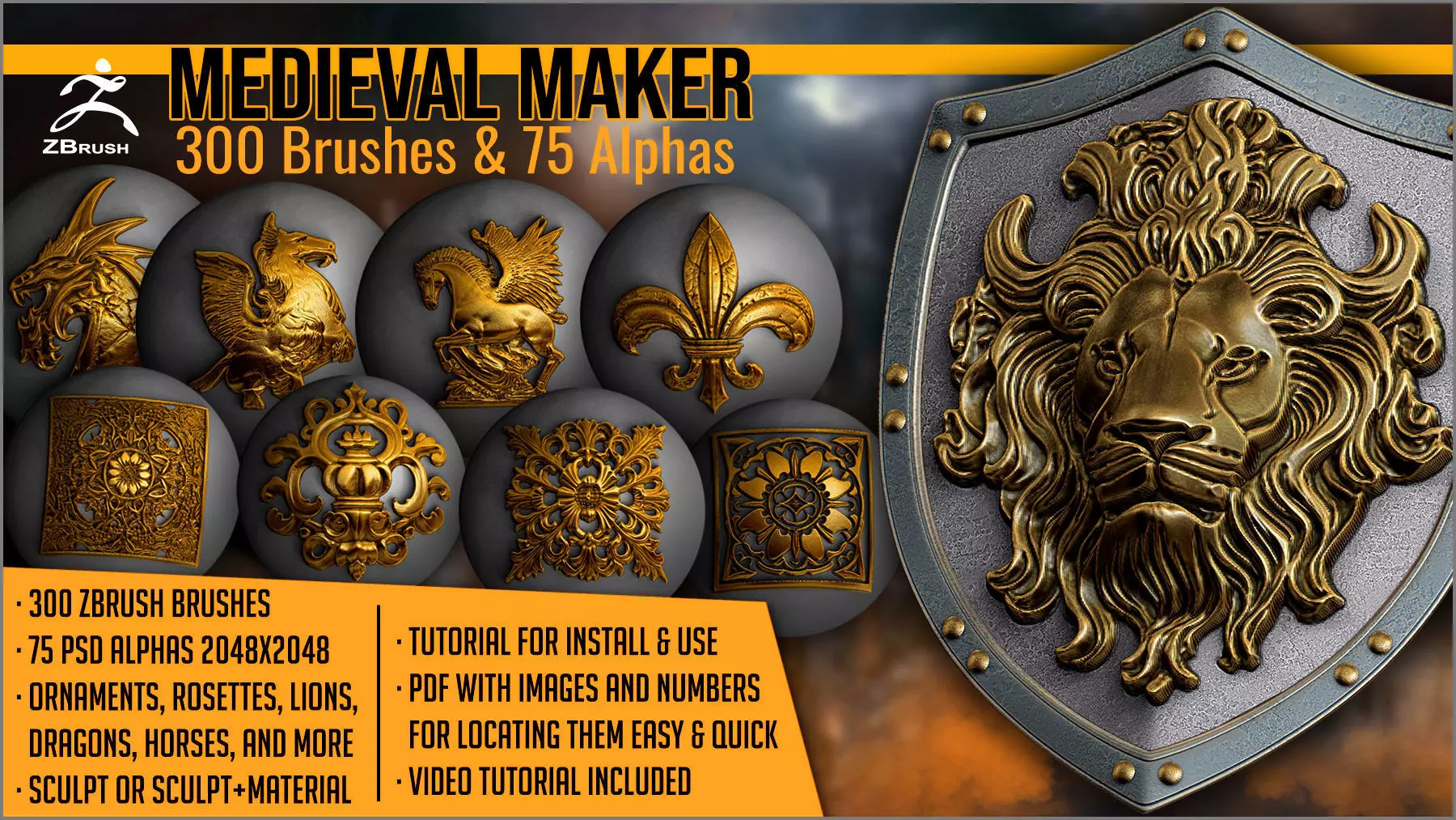 Medieval Maker 300 ZBrush Brushes And 75 Alphas 3D model_0