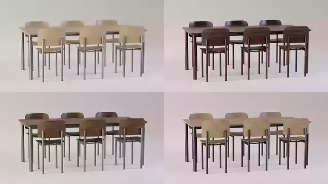 Collection of Wooden Dining Table Chairs Set 3D model