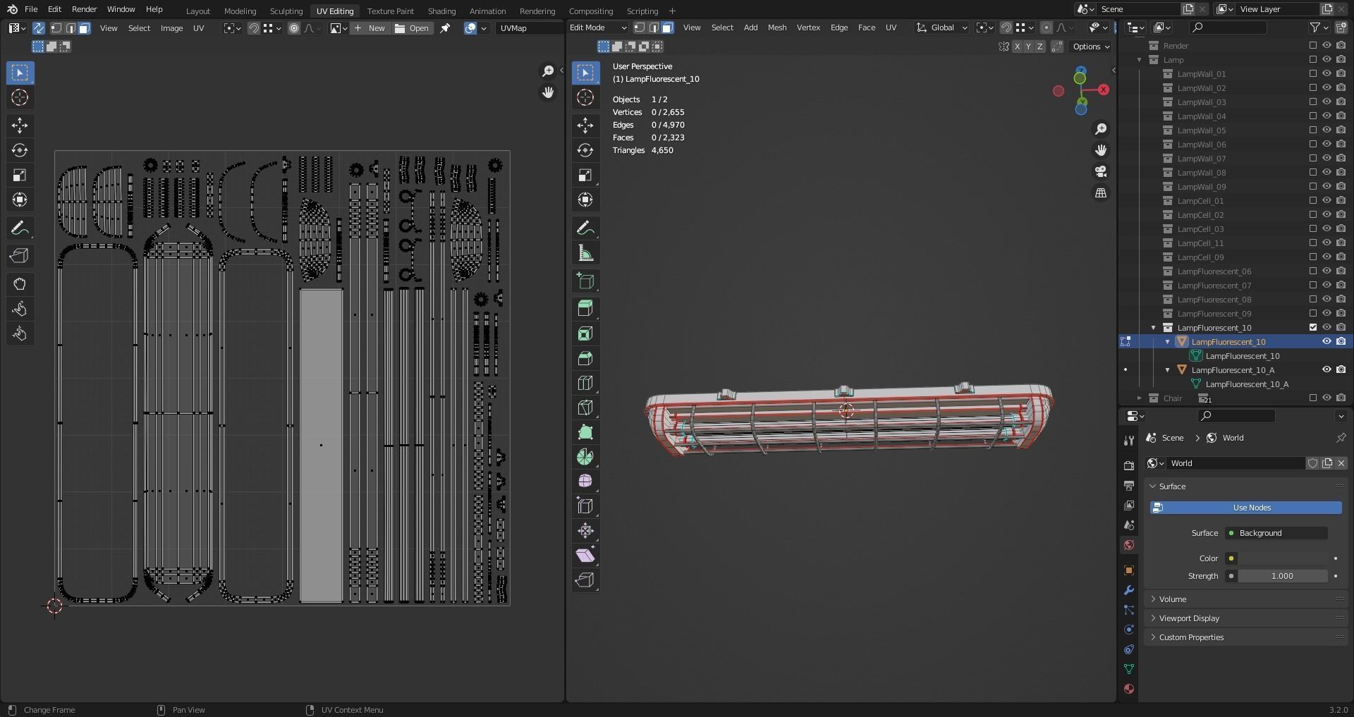 Fluorescent Lamp With Cage Low-poly 3D model_7
