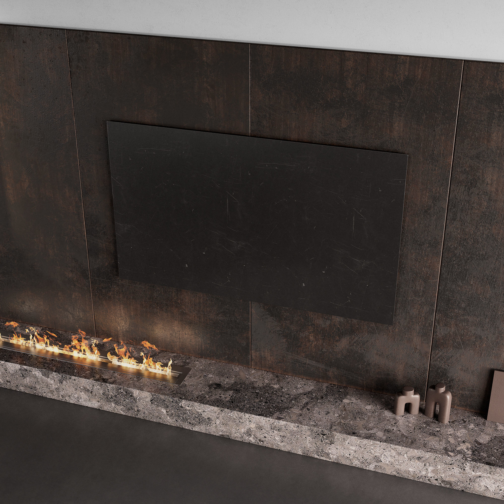 Decorated TV wall with fireplace 3D model_2