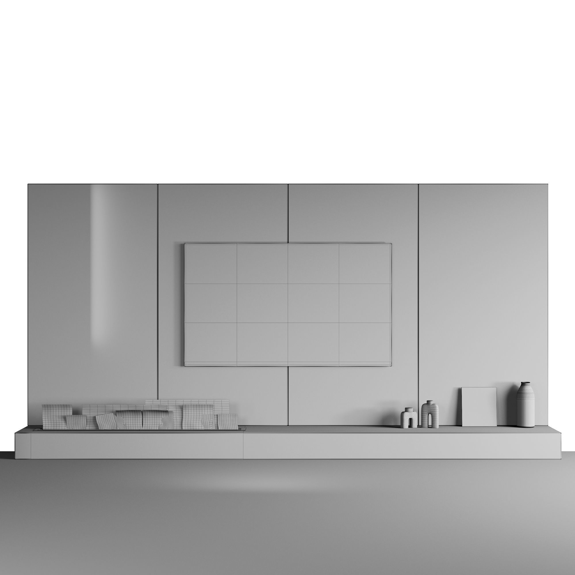 Decorated TV wall with fireplace 3D model_7