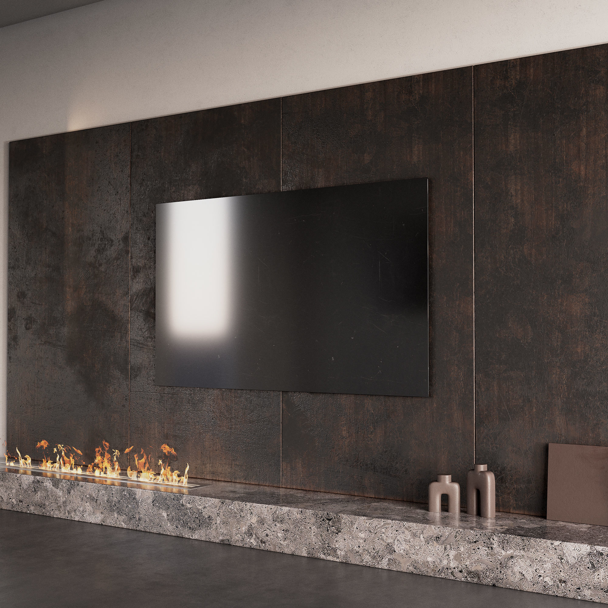 Decorated TV wall with fireplace 3D model_3