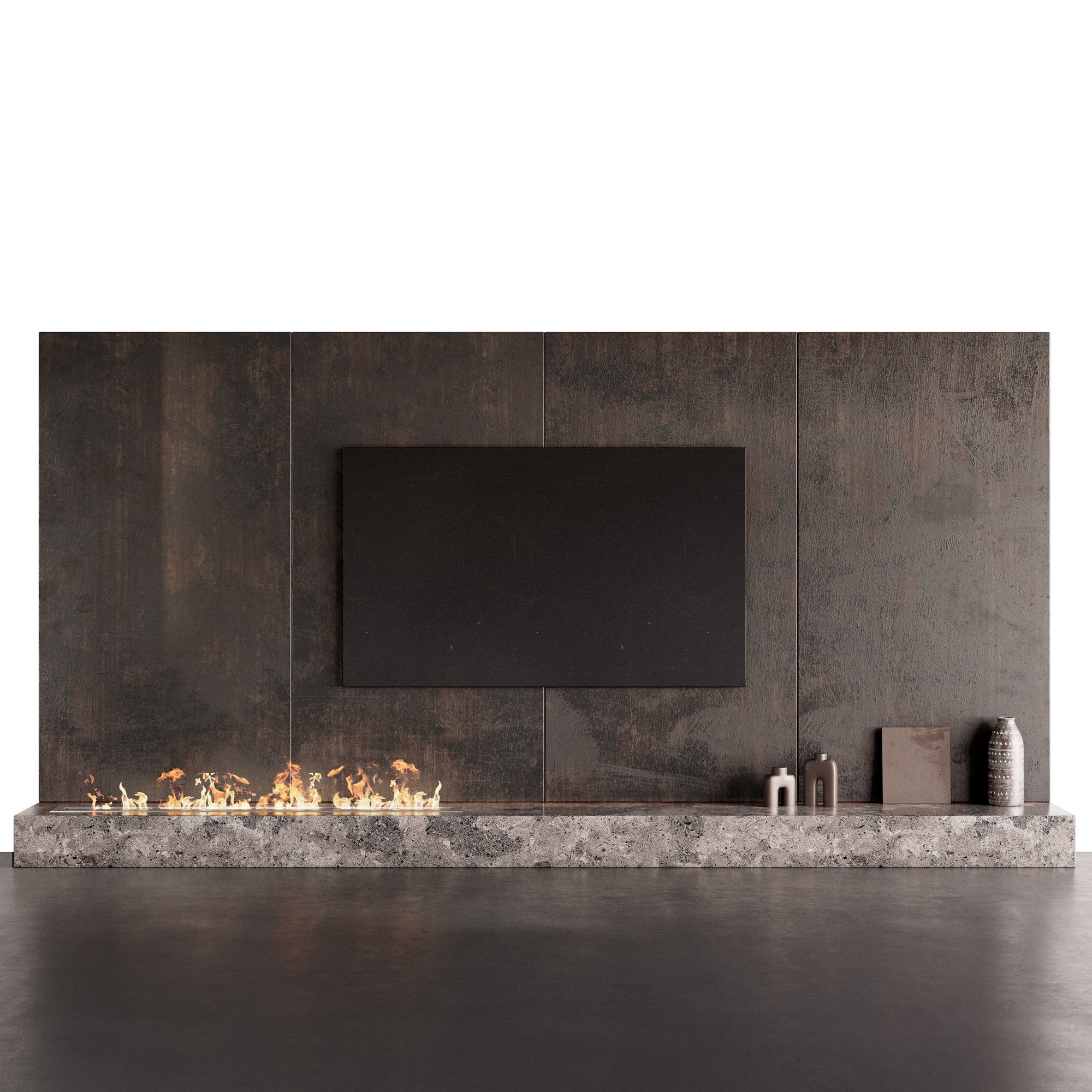Decorated TV wall with fireplace 3D model_1