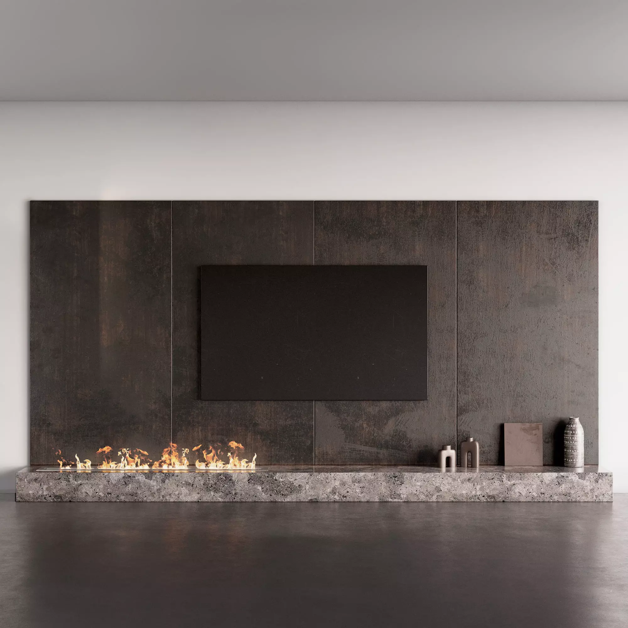 Decorated TV wall with fireplace 3D model_0