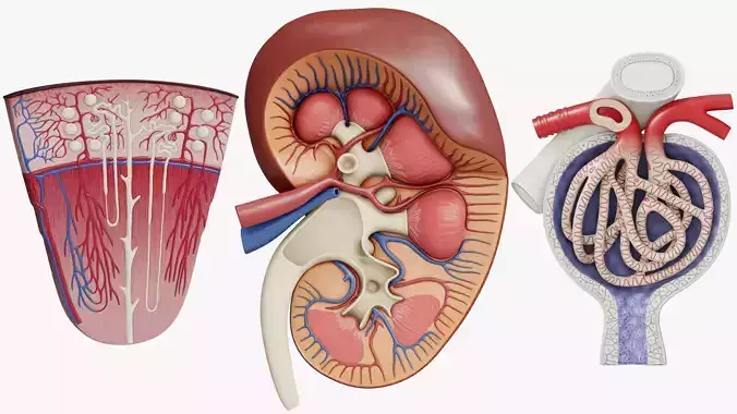 Collection of professional human kidney structure components 
