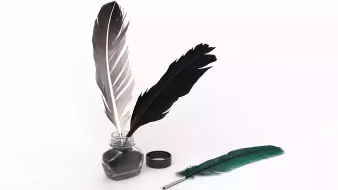 Bottle Ink with Feathers Low-poly 3D model