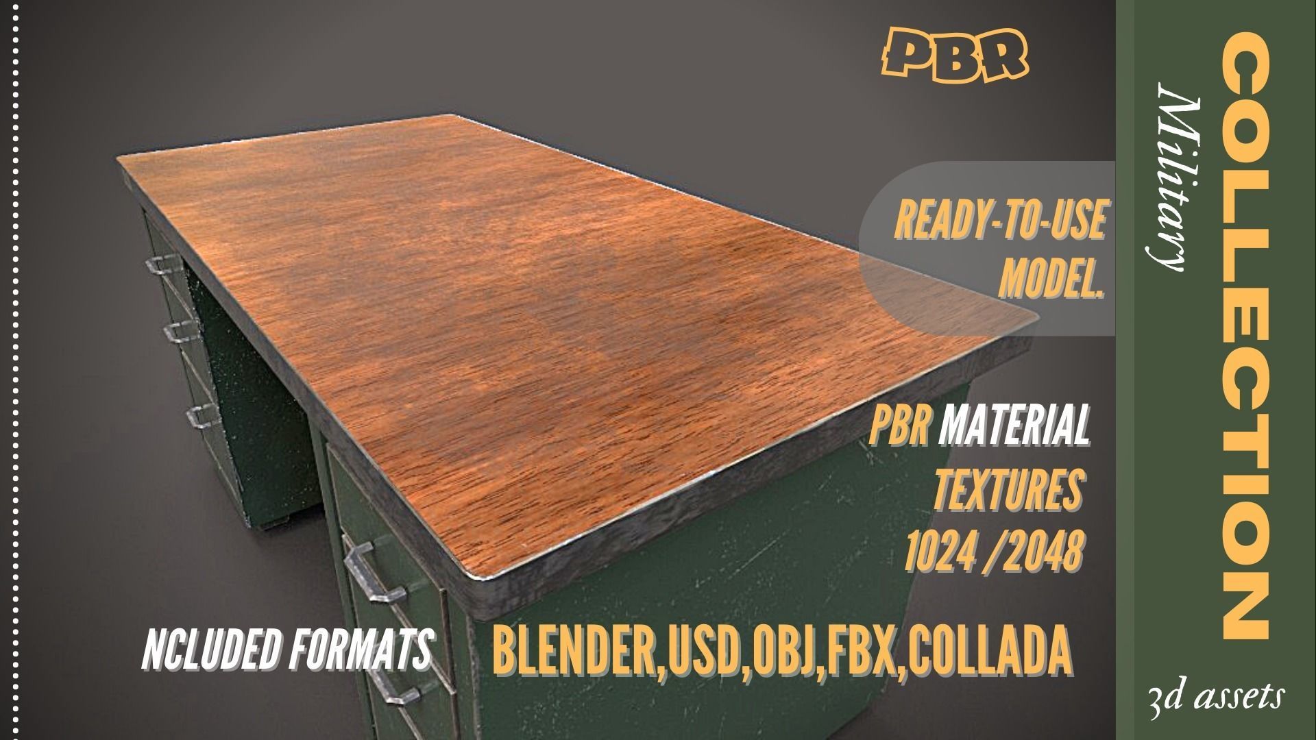 Military office desk 3D Low-poly Low-poly 3D model_2