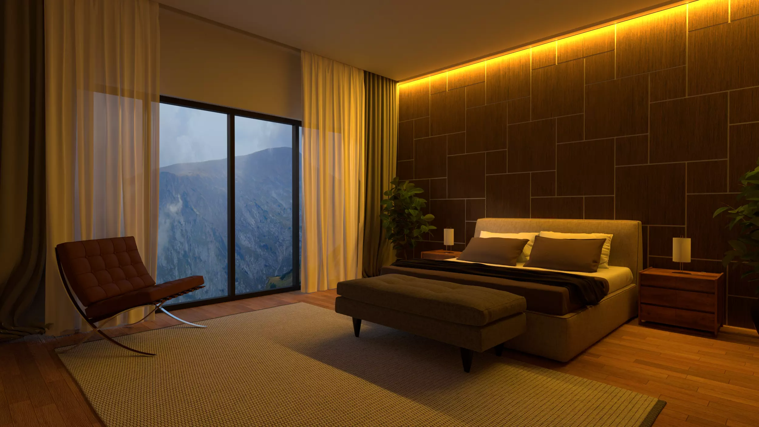 Bedroom with wooden flooring and mountains 3D model_0