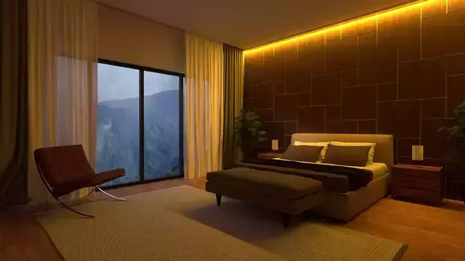 Bedroom with wooden flooring and mountains