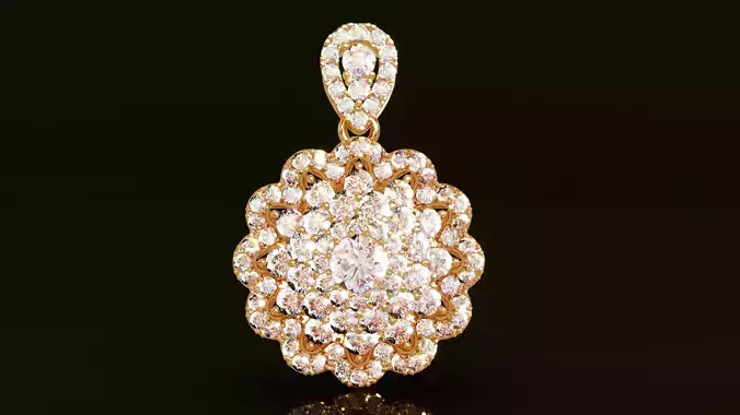 Round Diamond Floral Halo Cluster Pendant Necklace