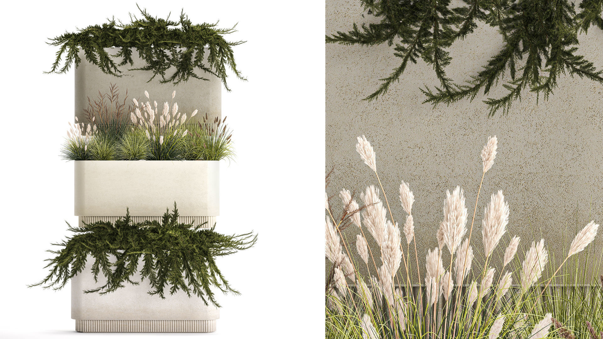 Flower Pot With Juniper Bushes And Feather Grass 1238 3D model_1