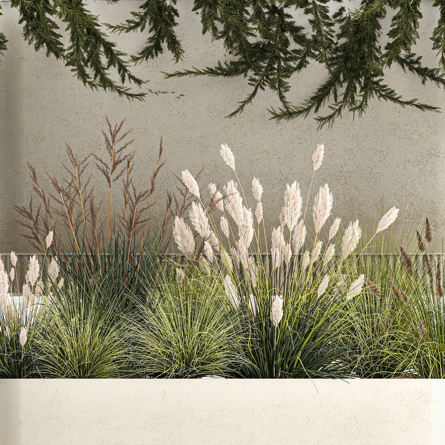 Flower Pot With Juniper Bushes And Feather Grass 1238 3D model_9