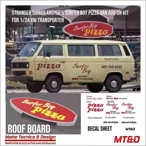 Surfer Boy Pizza board add on for scale autos with decal files  3D print model