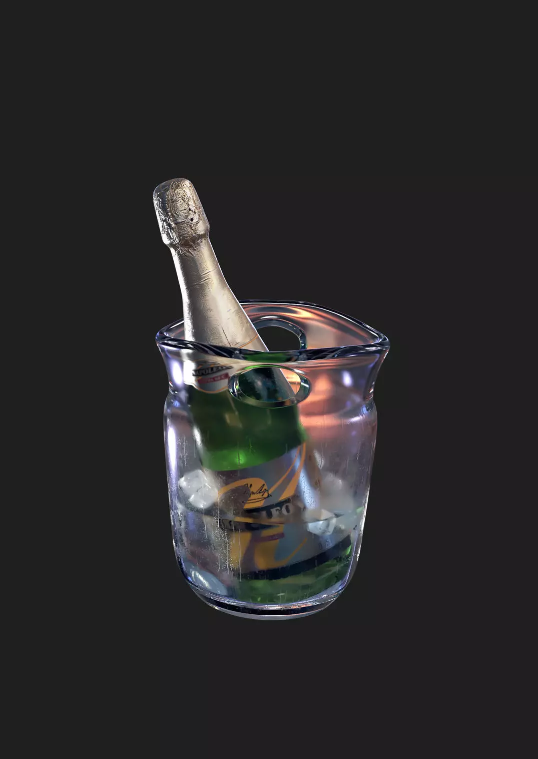 Champagne bottle and bucket with ice cubes 3D model_0