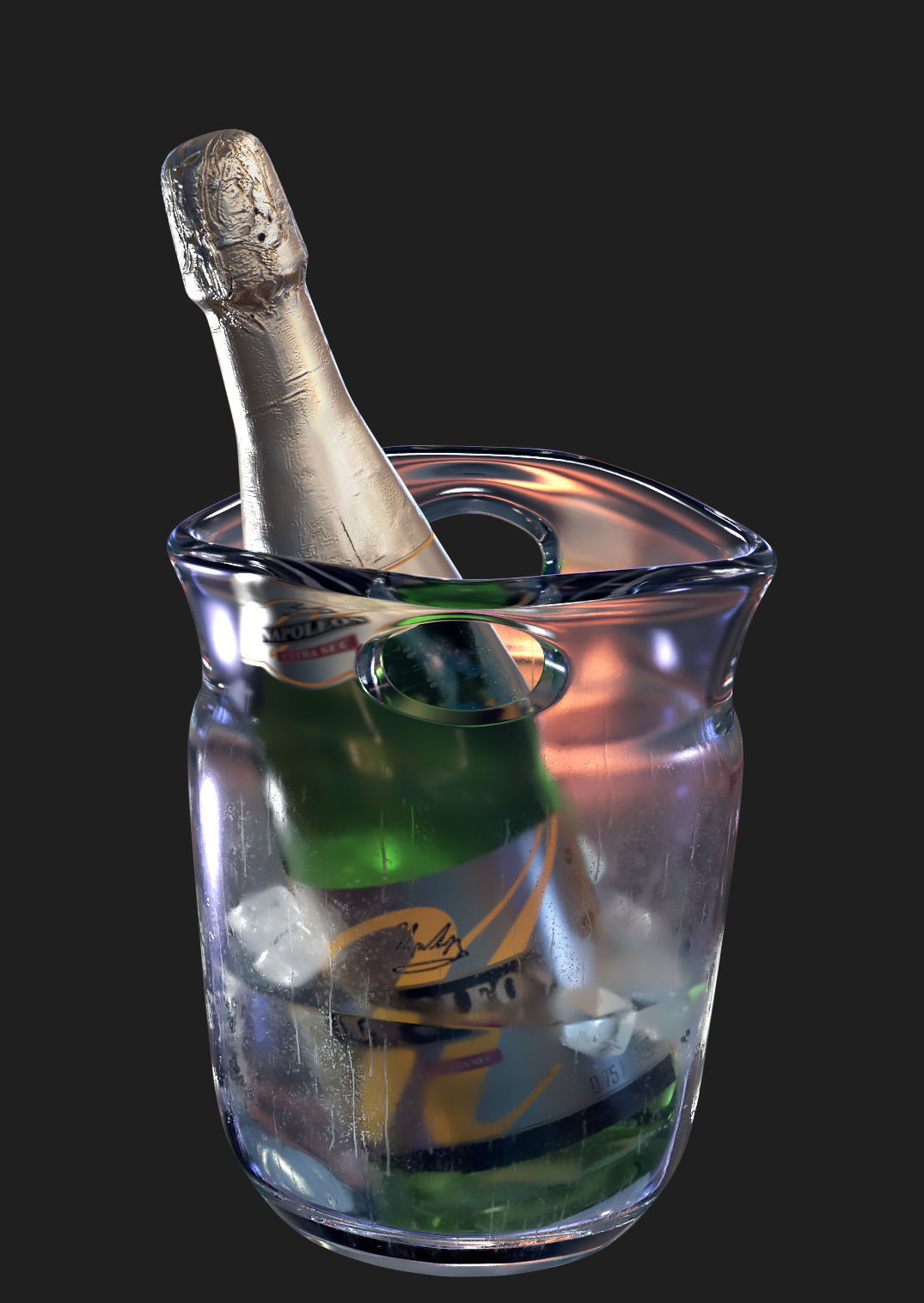 Champagne bottle and bucket with ice cubes 3D model_2