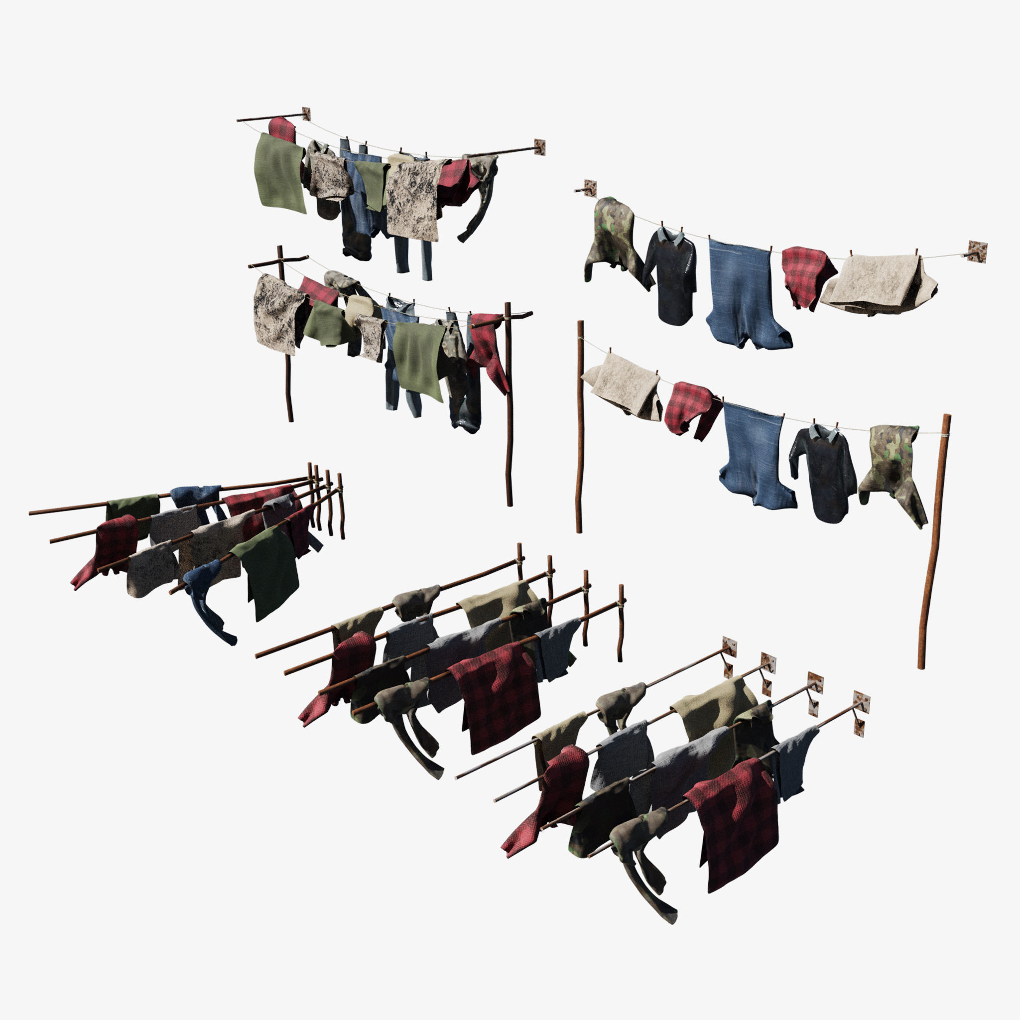 Washing Clothes Laundry Pants Shirts On Washinng Line Or Poles 3D model_3