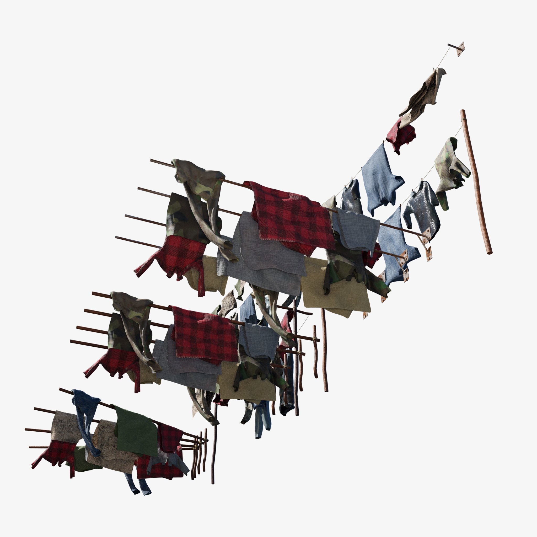 Washing Clothes Laundry Pants Shirts On Washinng Line Or Poles 3D model_1