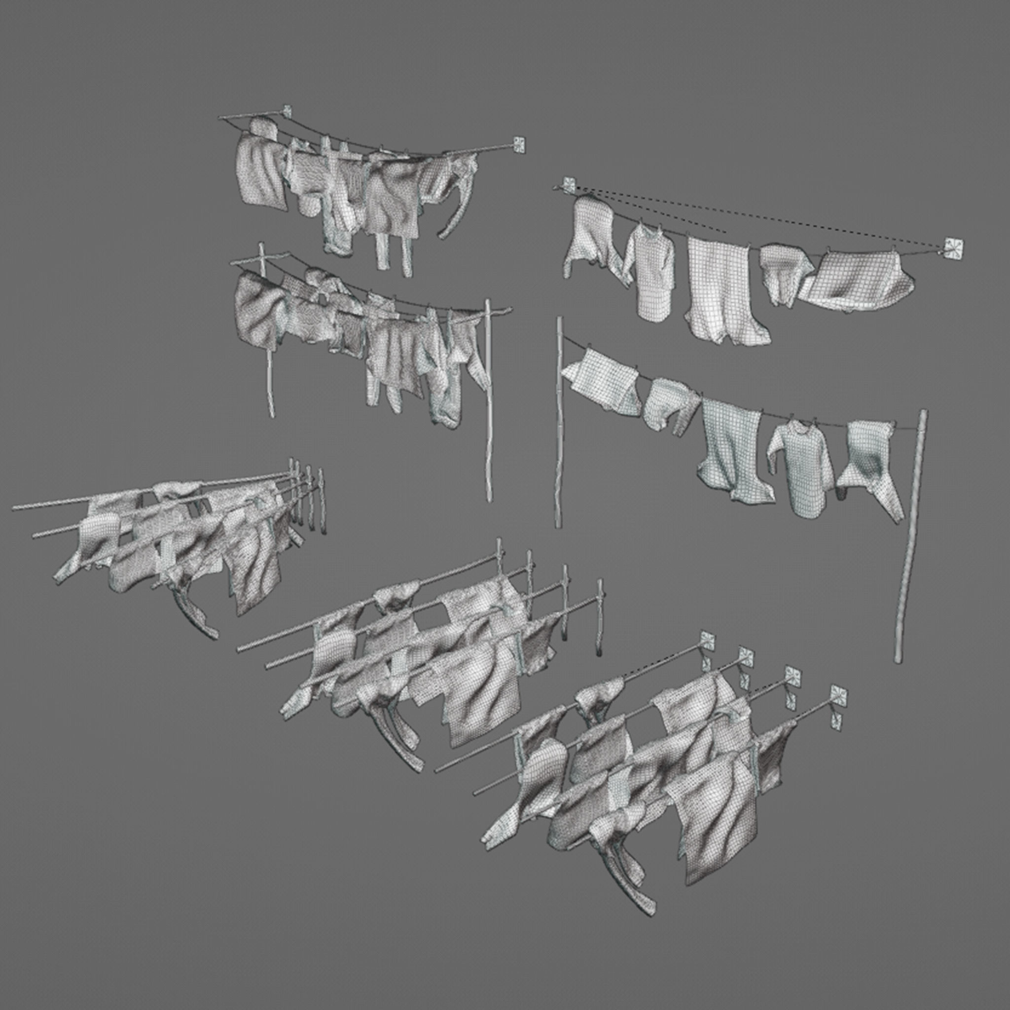 Washing Clothes Laundry Pants Shirts On Washinng Line Or Poles 3D model_8