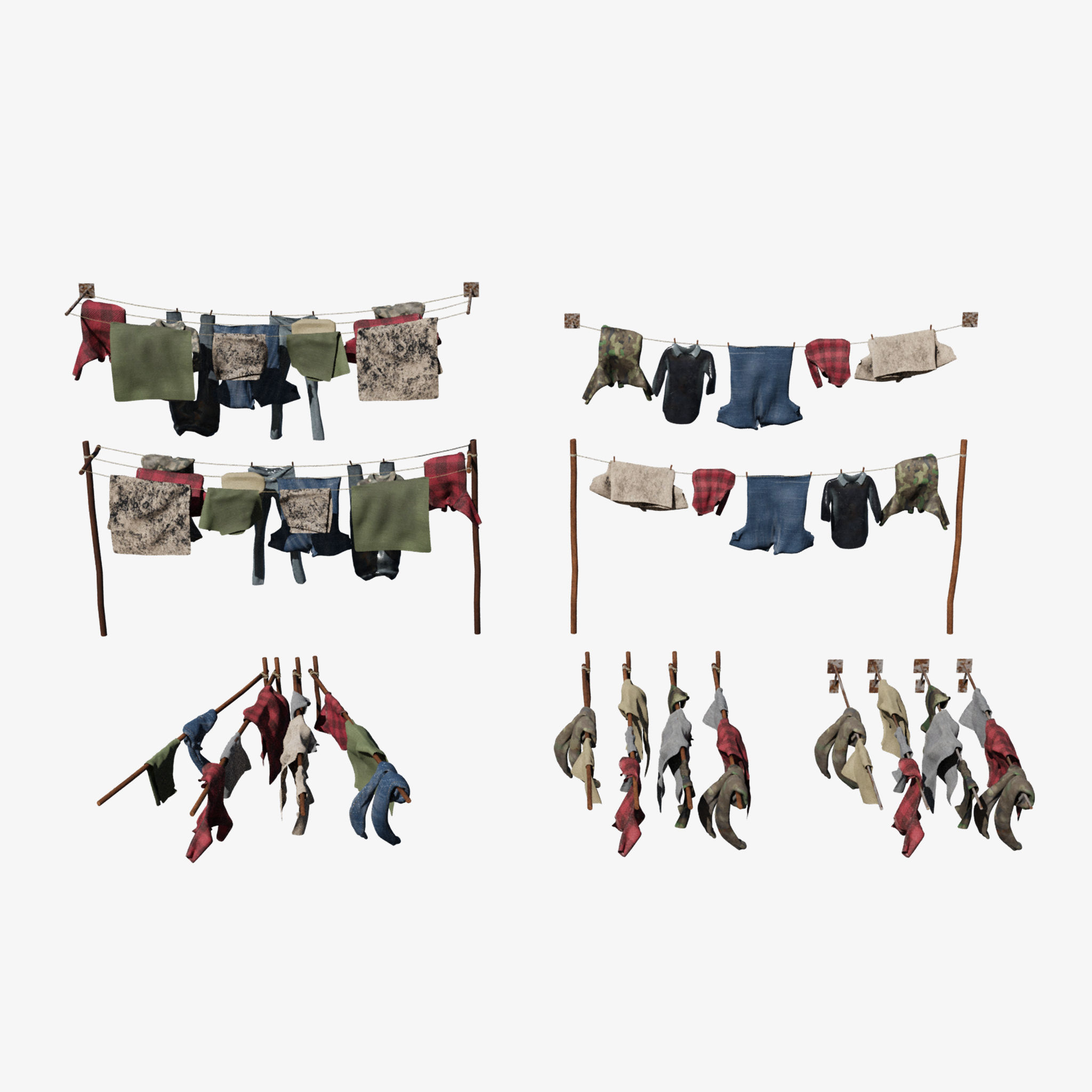 Washing Clothes Laundry Pants Shirts On Washinng Line Or Poles 3D model_2