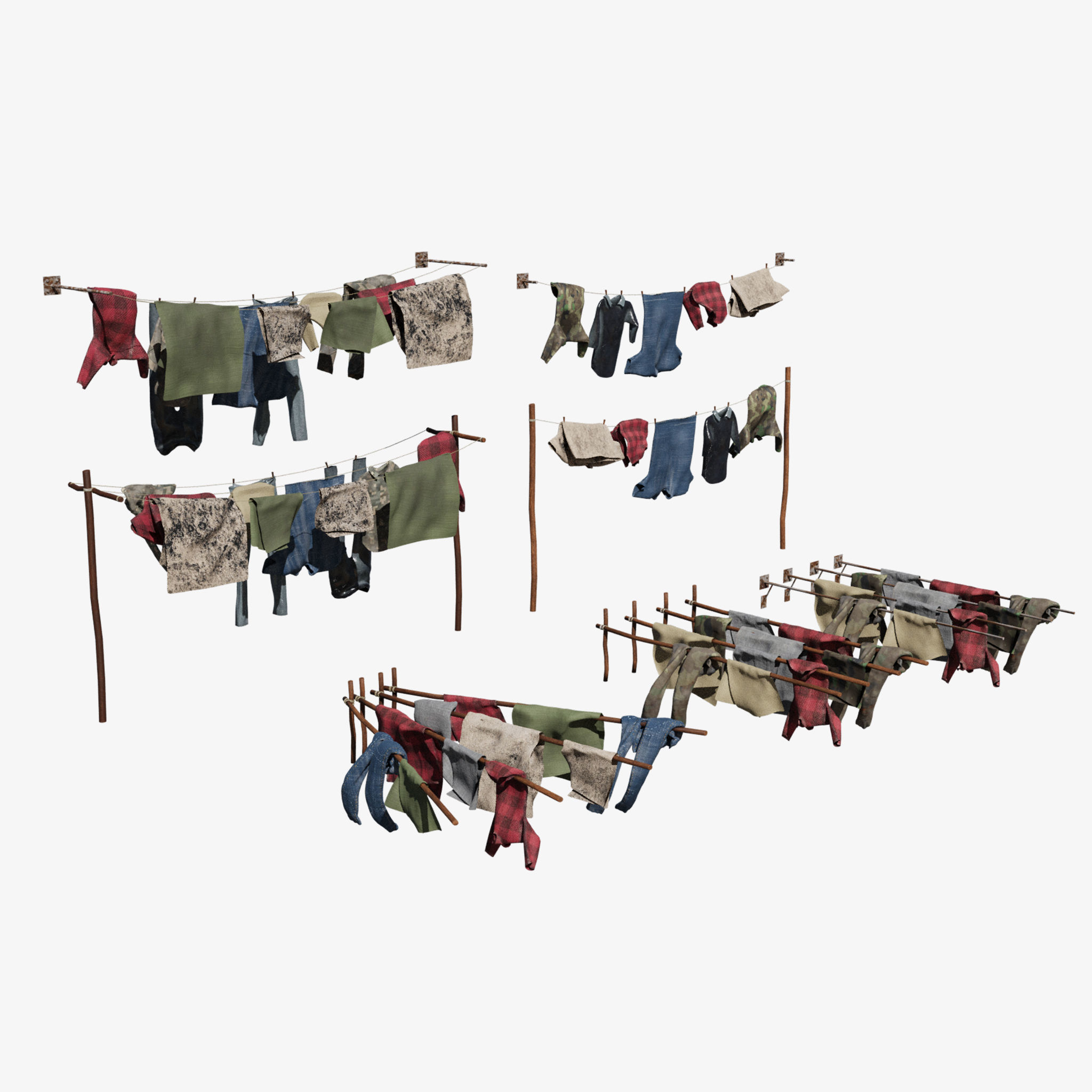 Washing Clothes Laundry Pants Shirts On Washinng Line Or Poles 3D model_4
