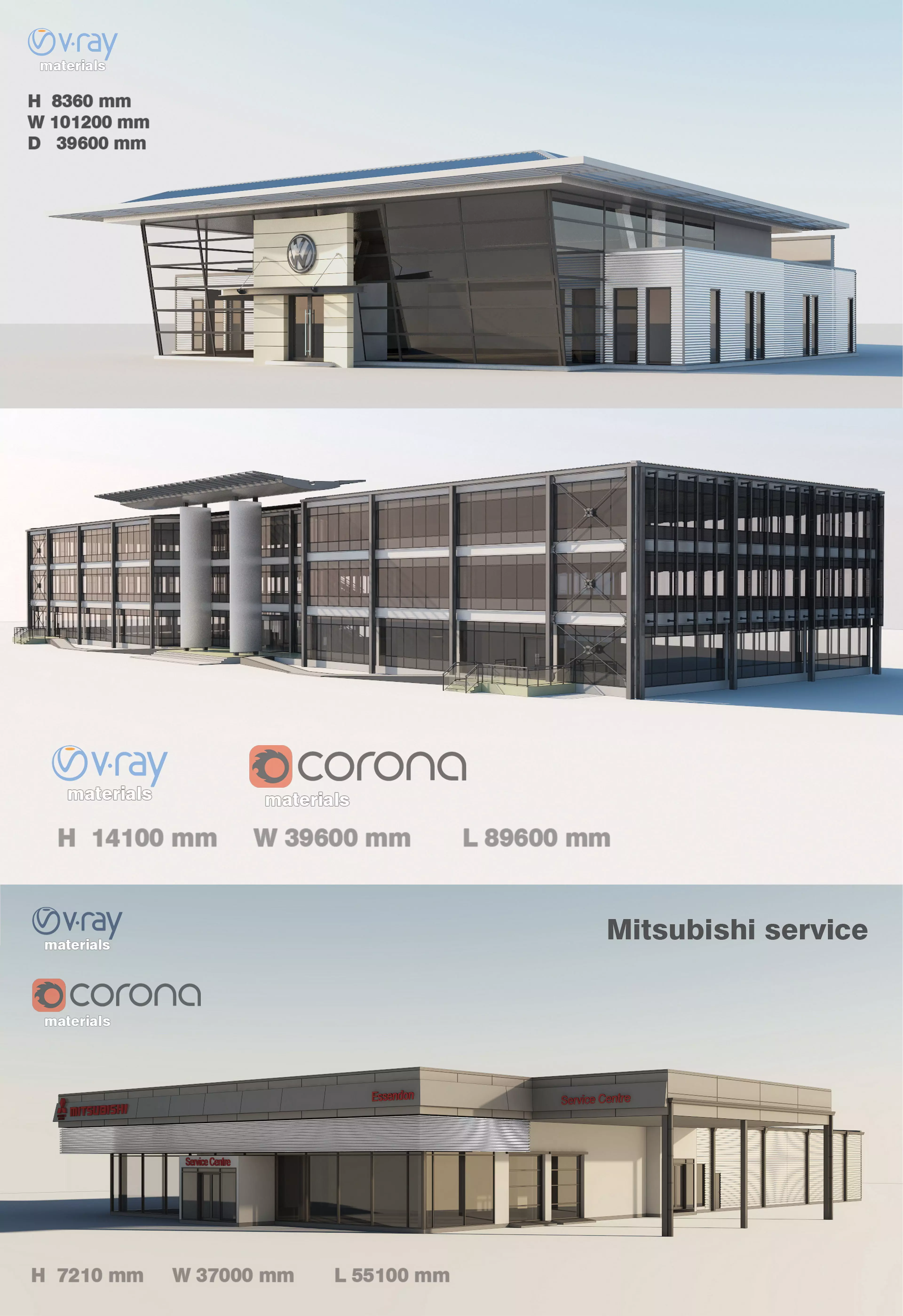 Office buildings Volkawagen Good Guys Mitsubishi 3D Model Collection_0