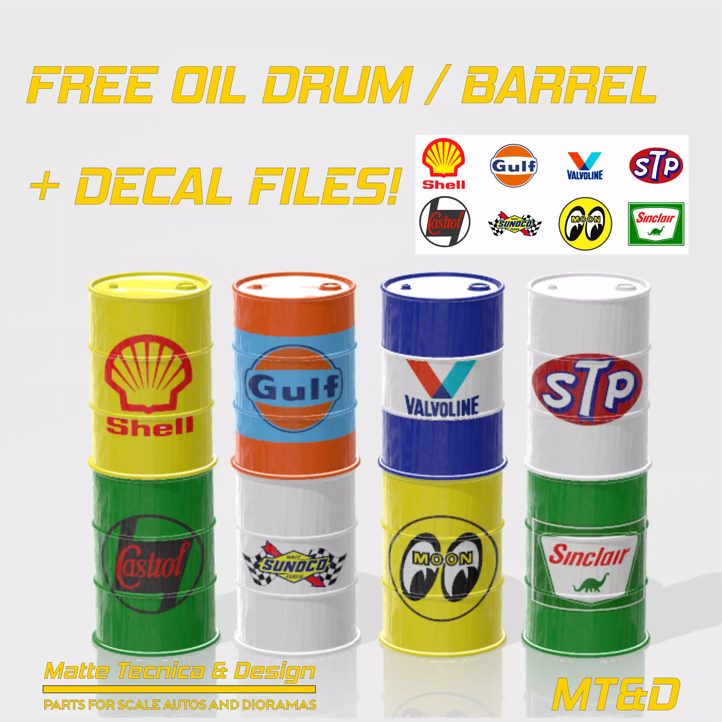 Free oil drum for scale autos and dioramas with decal Free 3D print model