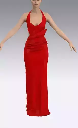 Red dress halter neckline look draped skirt look