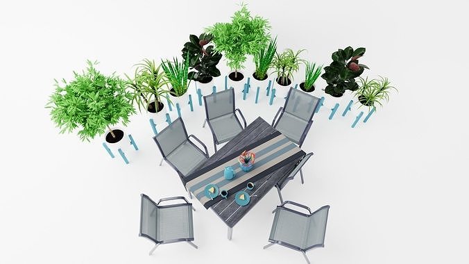 Terrace set bamboo plant in pot 3D model 2