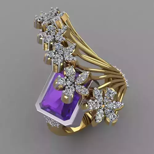 Emerald cut Amethyst With Daimonds Flower Ring 3D printable Ring 3D print model