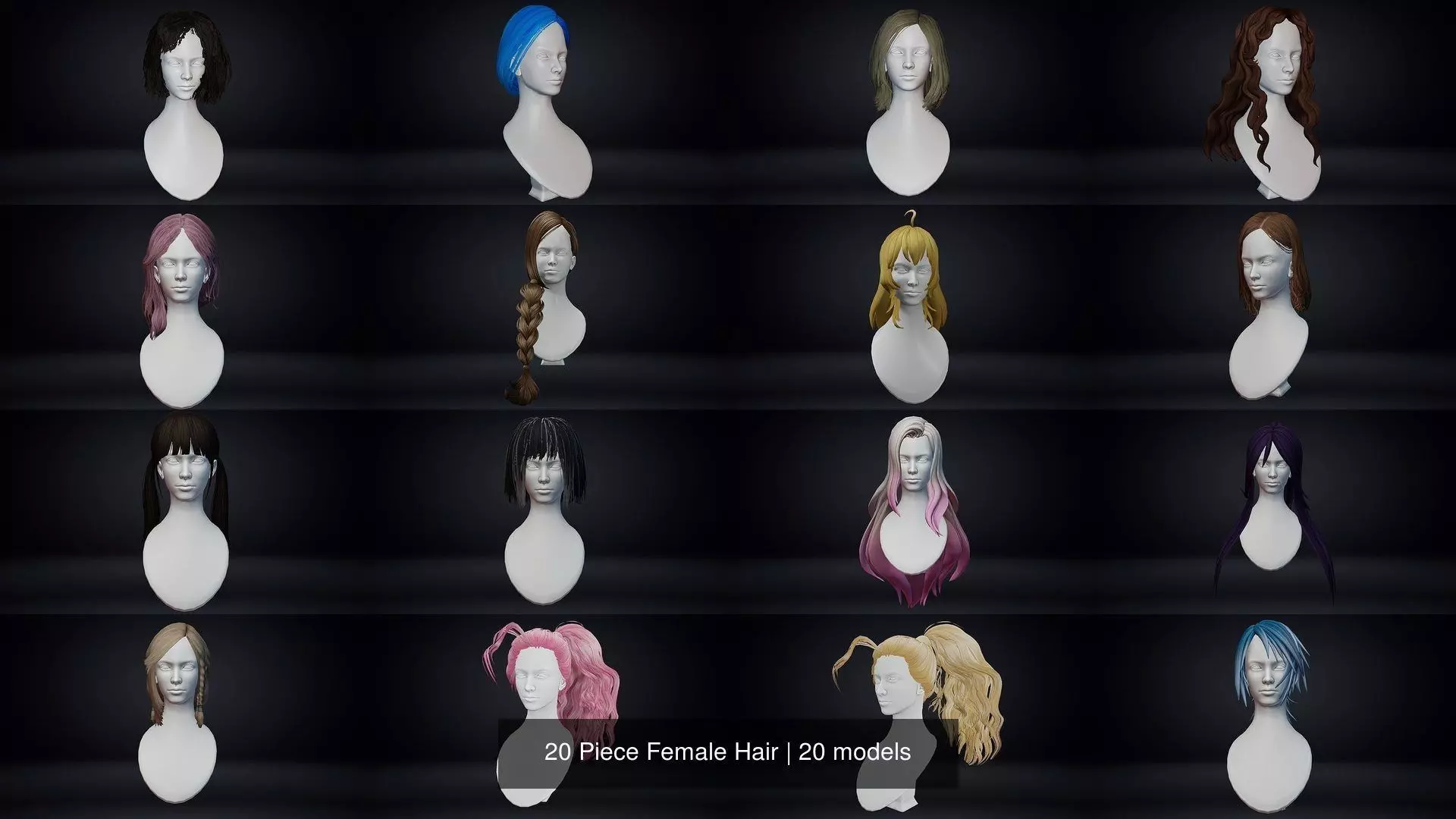 Female Hair Pack 20 Piece 3D Model Collection_0