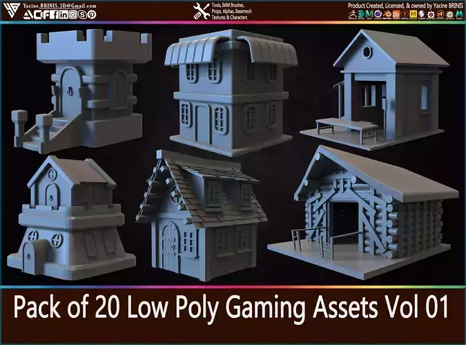 Pack of 20 Low Poly Gaming Assets Vol 01 Low-poly 3D model