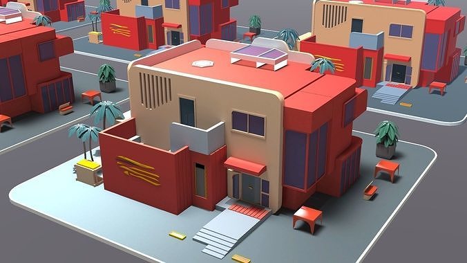 Mordern Cartoon Buliding with backed shadow Low-poly 3D model 4