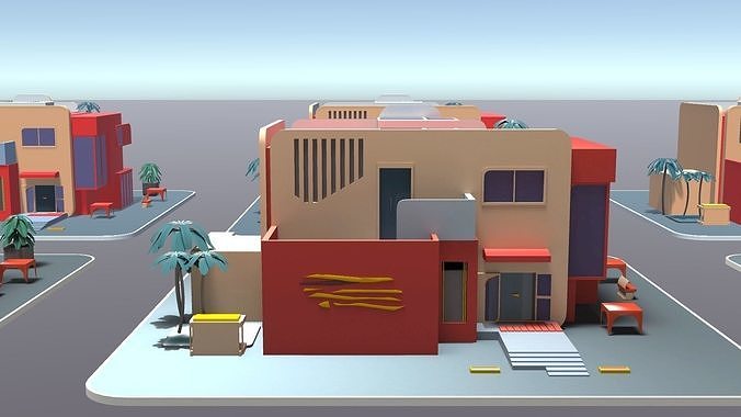 Mordern Cartoon Buliding with backed shadow Low-poly 3D model 2