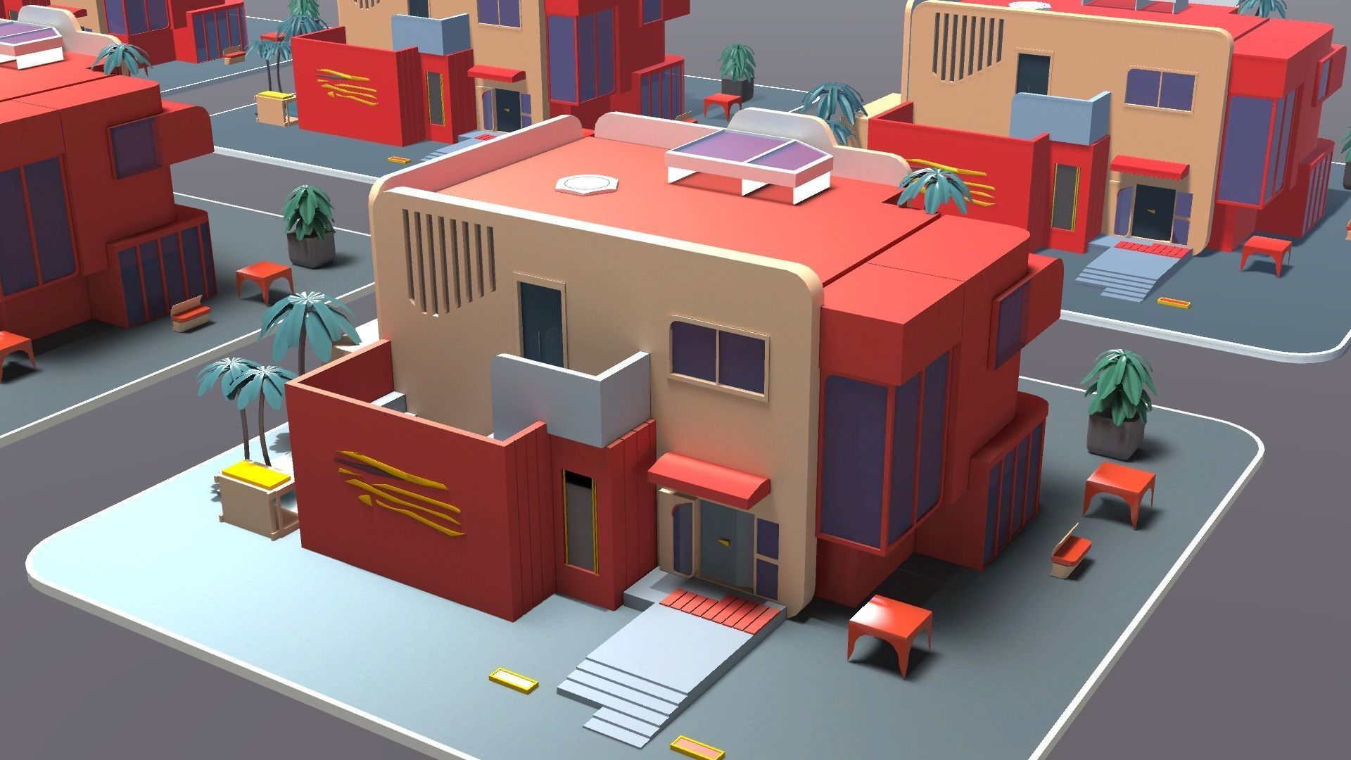 Mordern Cartoon Buliding with backed shadow Low-poly 3D model_17