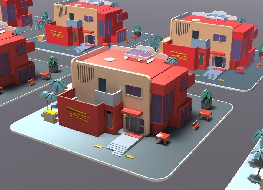 Mordern Cartoon Buliding with backed shadow Low-poly 3D model_13