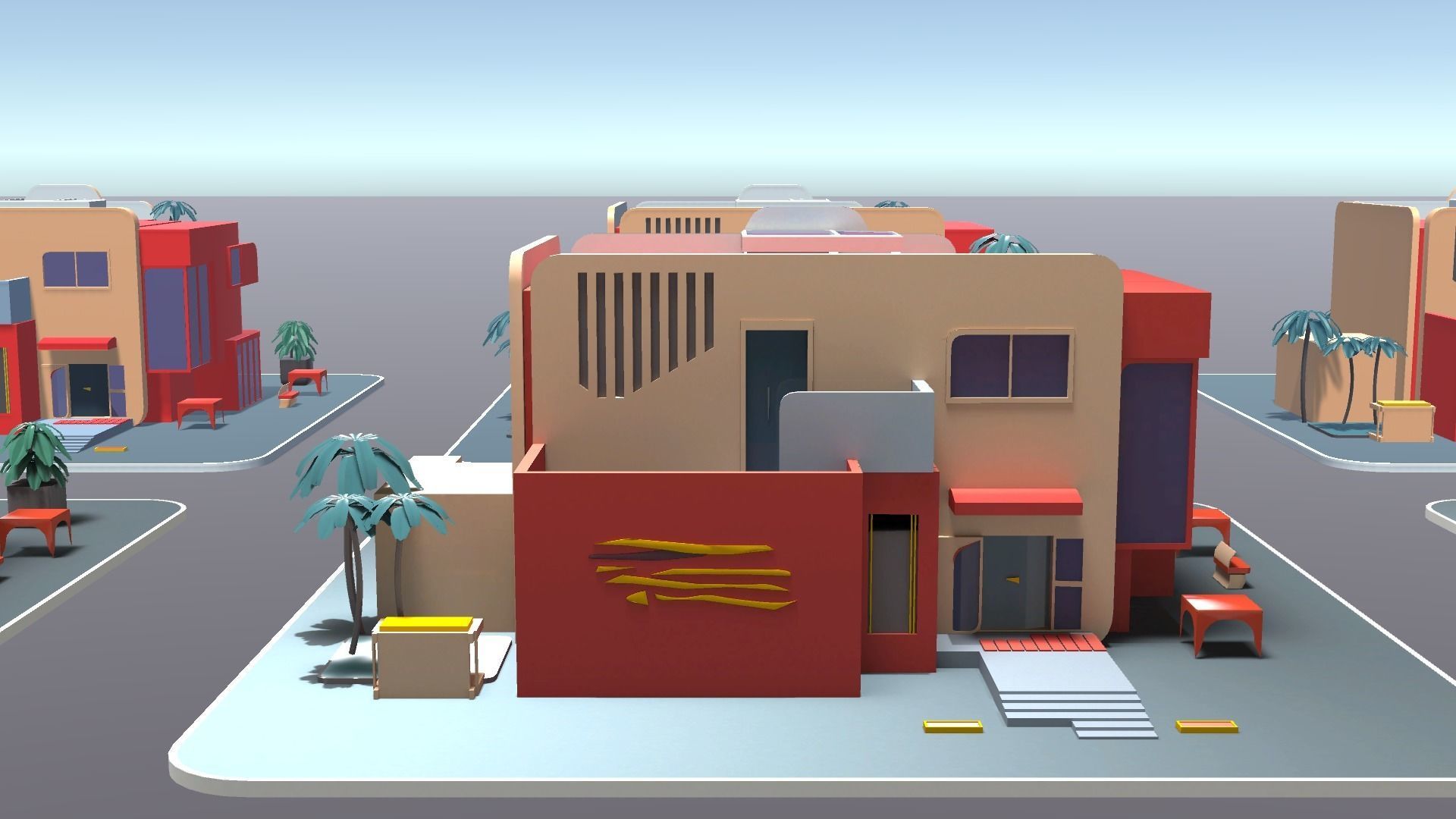 Mordern Cartoon Buliding with backed shadow Low-poly 3D model_16