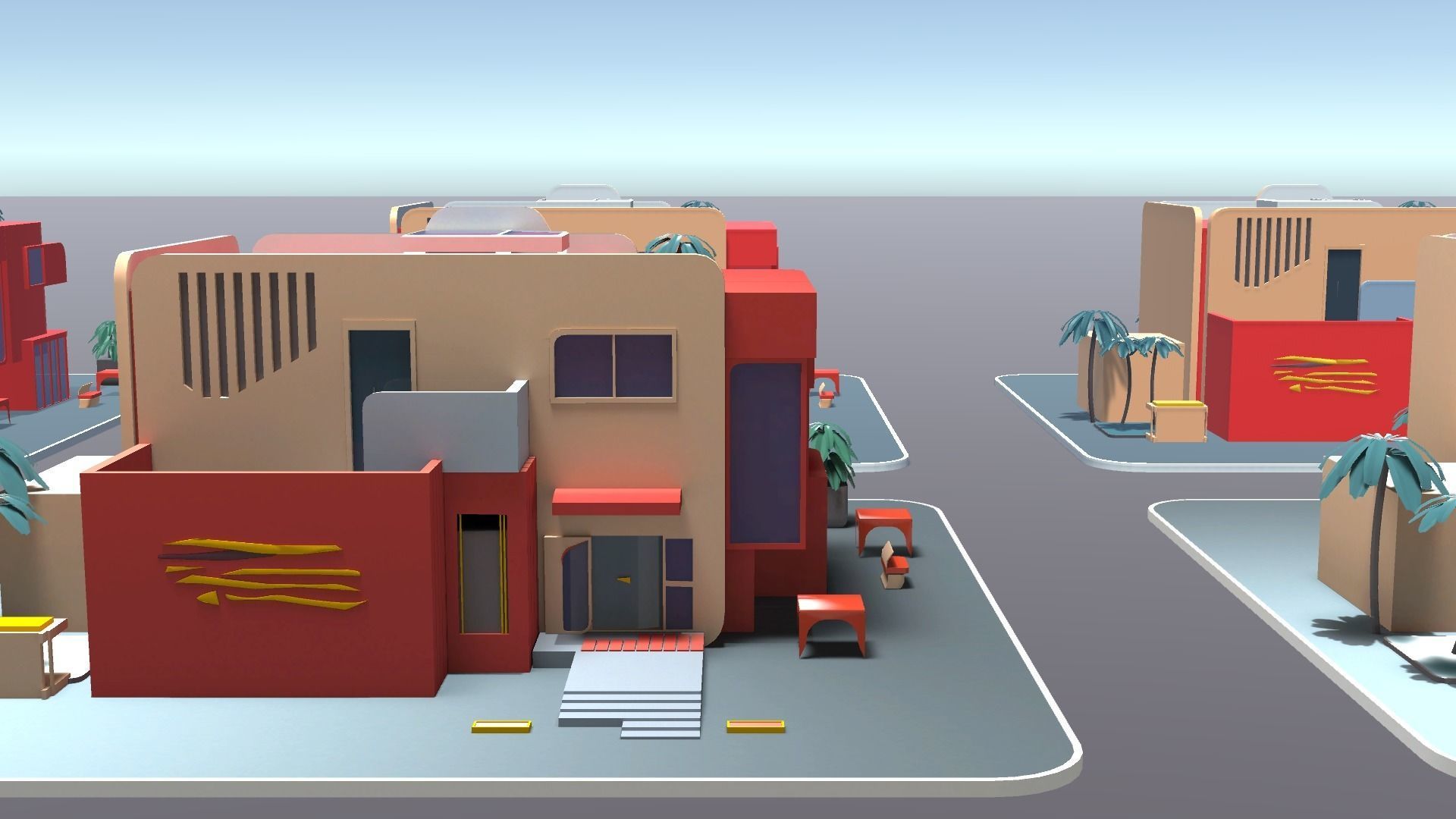 Mordern Cartoon Buliding with backed shadow Low-poly 3D model_14