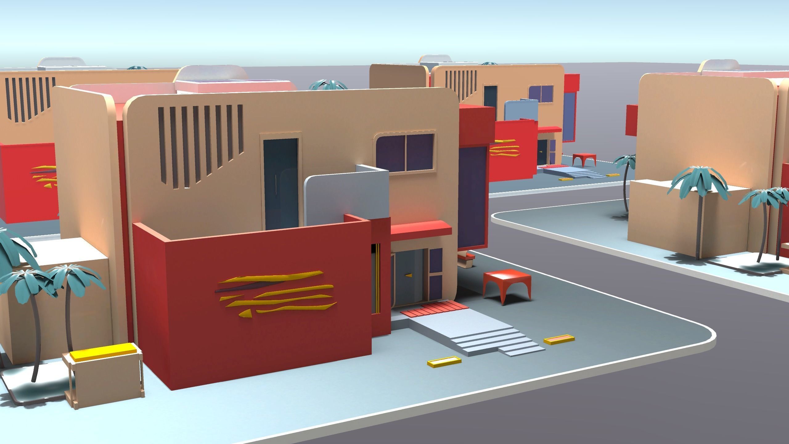 Mordern Cartoon Buliding with backed shadow Low-poly 3D model_18