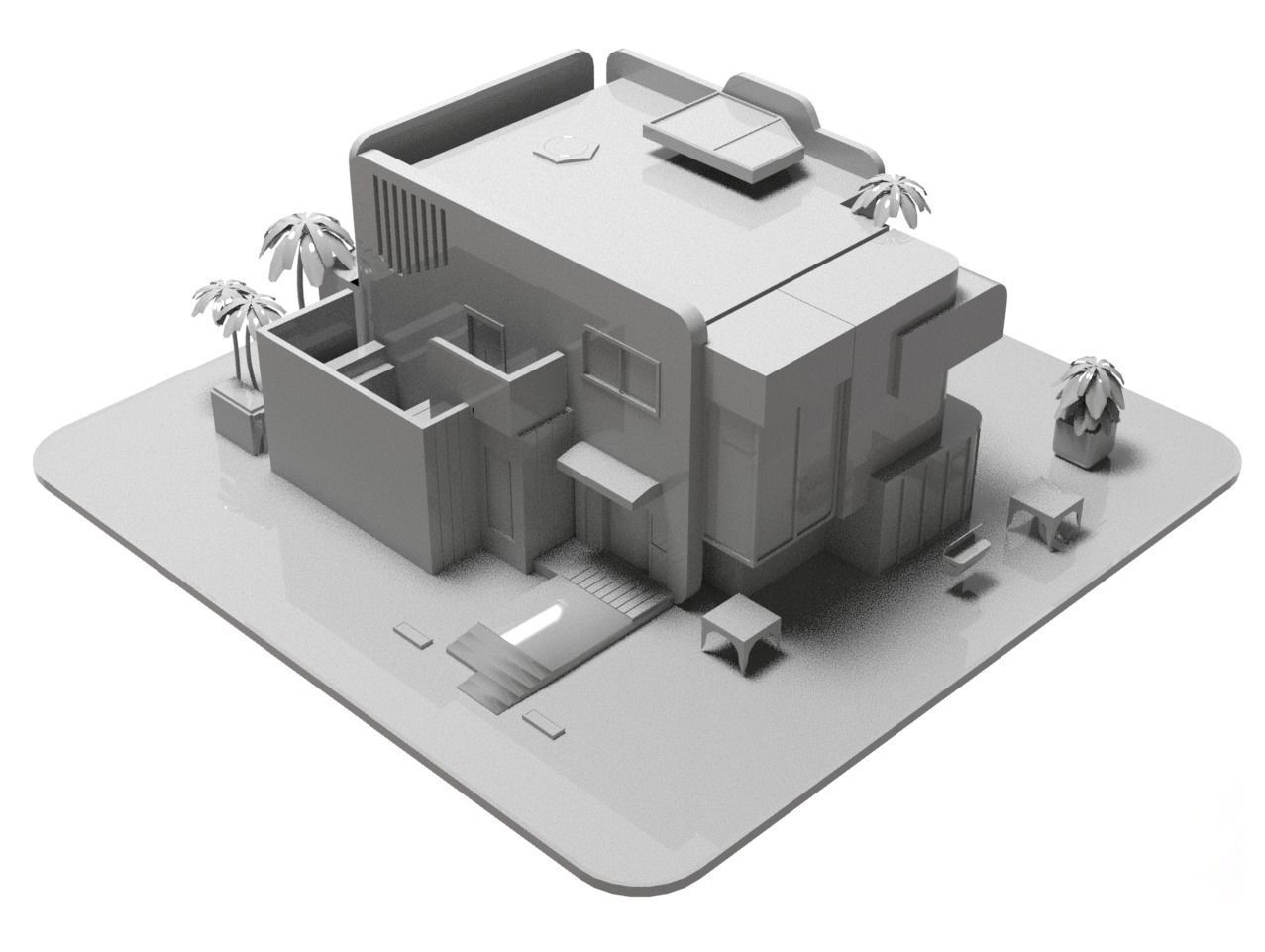 Mordern Cartoon Buliding with backed shadow Low-poly 3D model_7