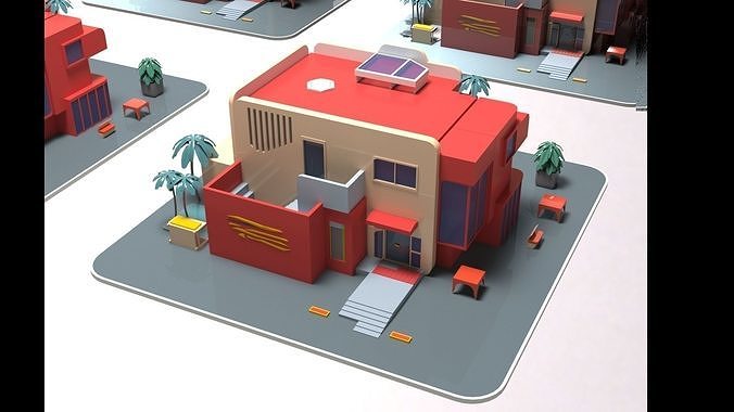 Mordern Cartoon Buliding with backed shadow Low-poly 3D model 6